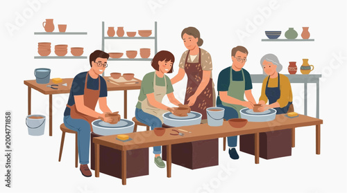 A communal art studio hosts individuals learning the ancient craft of pottery. Featuring potters forming clay, creating artistic vessels, highlighting creativity and skill.
