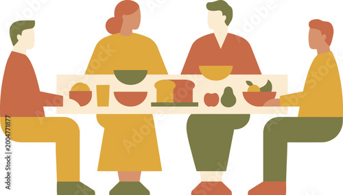 People sitting around a long dining table sharing a healthy meal with bread and fresh fruit in a communal setting.