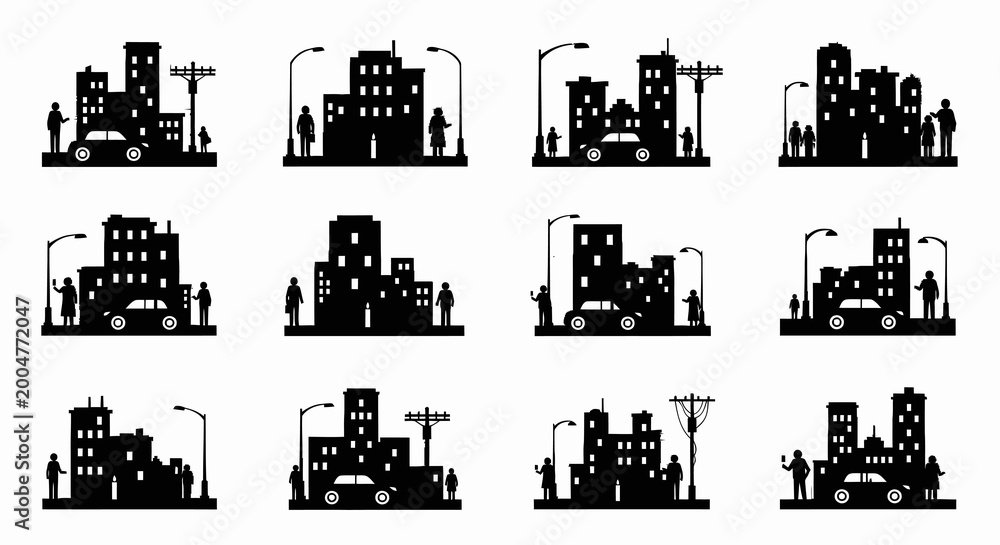 Obraz premium Urban Night Life Silhouette Set with City Buildings and People