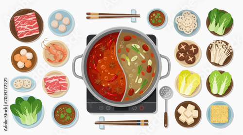 A tempting visual of a prepared hot pot with a variety of colorful and fresh ingredients ready for a communal culinary adventure.