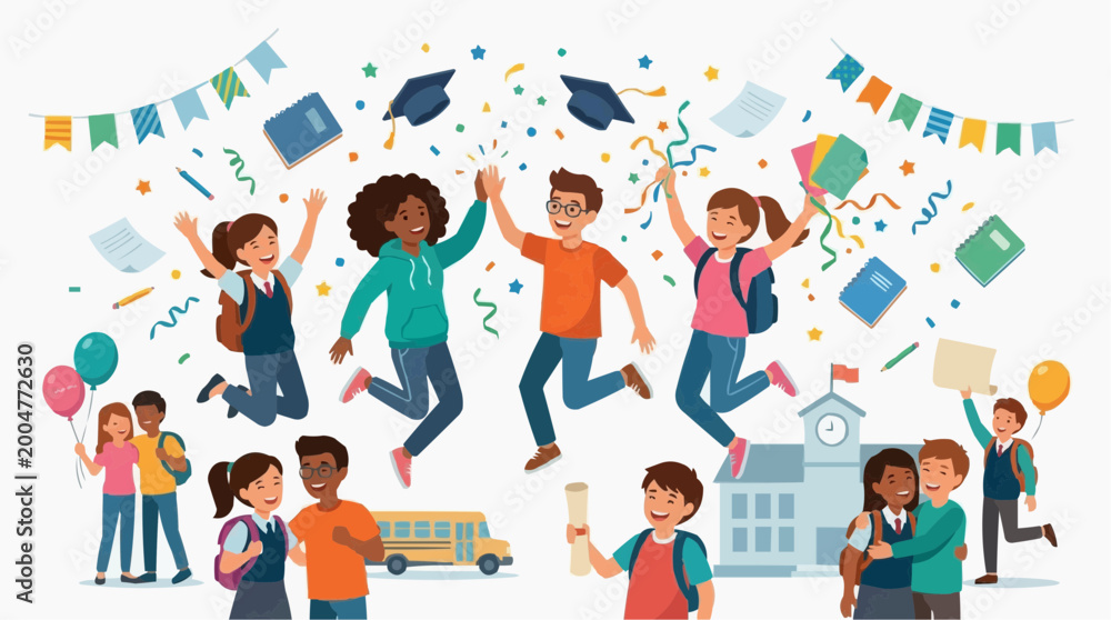 Fototapeta premium Joyful graduation celebration among diverse students in front of the school. Capturing the milestone, dreams, and aspirations of students.
