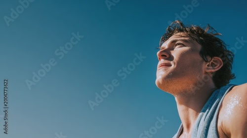 Cardio sports exercise, healthy lifestyle. A man with wet hair, wearing a sleeveless tshirt, looking upward against a bright blue sky.