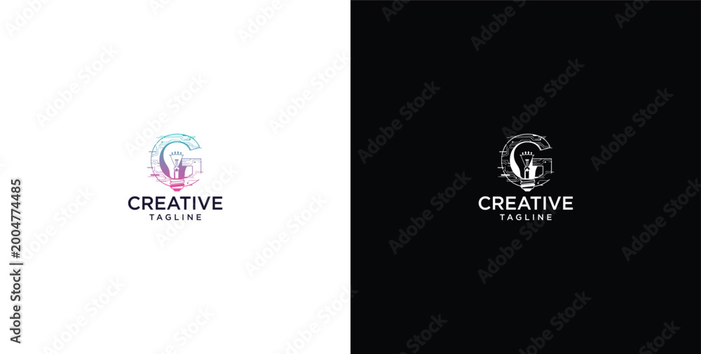 Fototapeta premium smart bulb tech logo design, creative idea, digital logo technology, initial logo design G