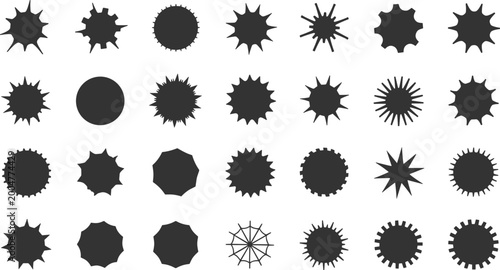 Diverse collection of black starburst and circular abstract shapes on a white background geometric