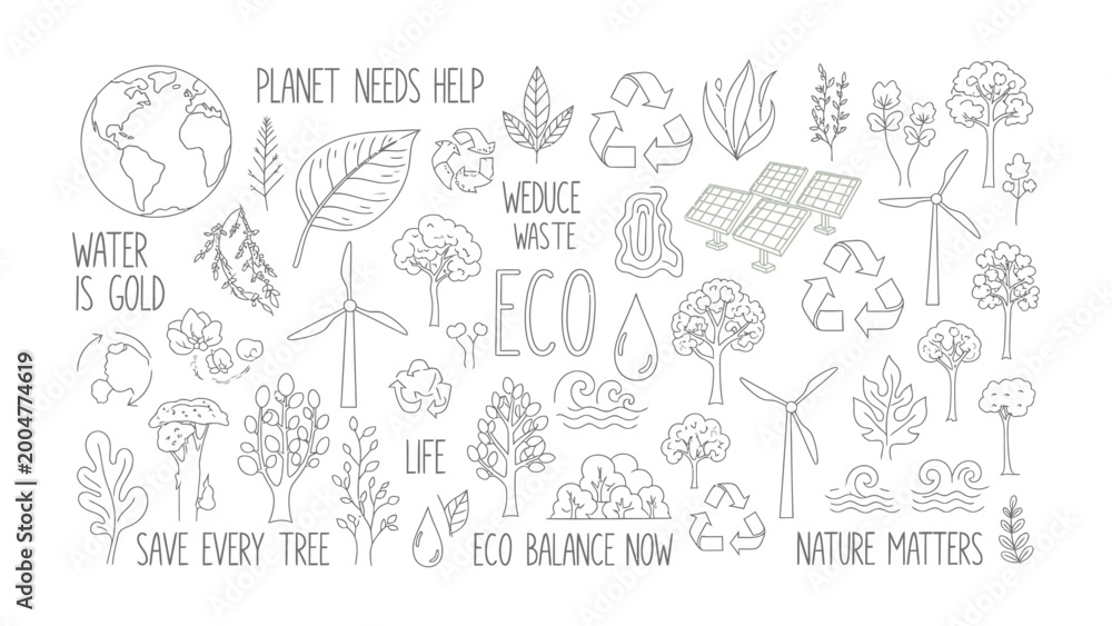 Fototapeta premium Eco-Friendly Elements: An array of hand-drawn icons and elements, illustrating core concepts of sustainability and environmental consciousness, promoting awareness and inspiration.