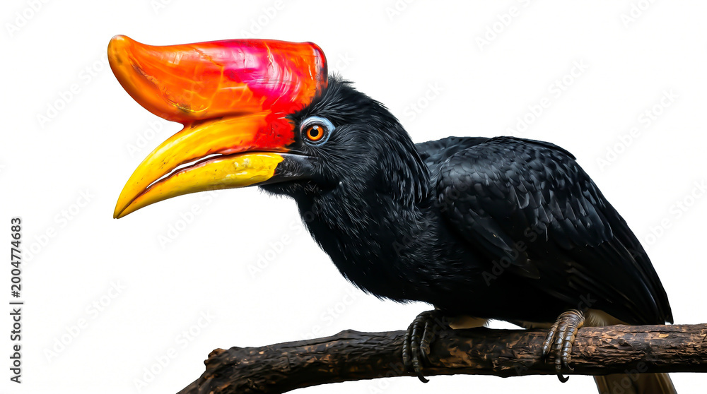 Obraz premium Stunning Rhinoceros Hornbill Perching on Branch Isolated on White Background