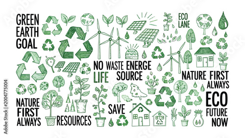 Eco-Conscious Graphics: A collection of green-themed eco-friendly icons and messages, showcasing sustainable energy sources and conservation practices in a doodle-style illustration.