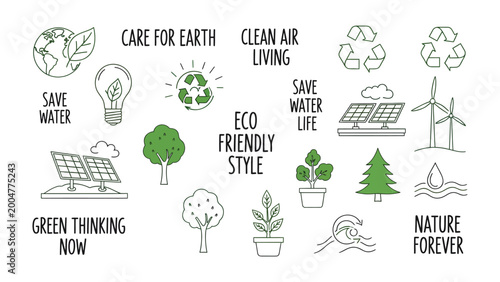 Vászonkép Eco-Friendly World: A collection of charming, hand-drawn icons that celebrate the essence of an eco-friendly lifestyle, encapsulating sustainable practices for a greener future