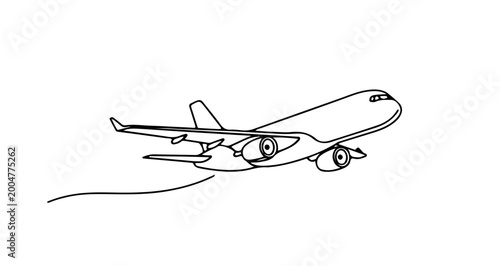 Continuous line drawing of an airplane flying in the sky