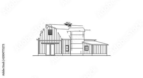 Architectural sketch of a rustic barn with silo, hand drawn line art