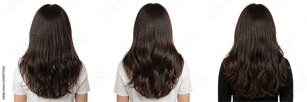 Naklejka premium Set of Woman with Long Shiny Dark Hair Back View Isolated on White Background, PNG