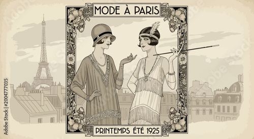 Vintage Parisian fashion illustration of women.
