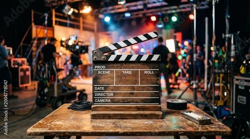 director's clapperboard photo with the background of the shooting location made by AI generative