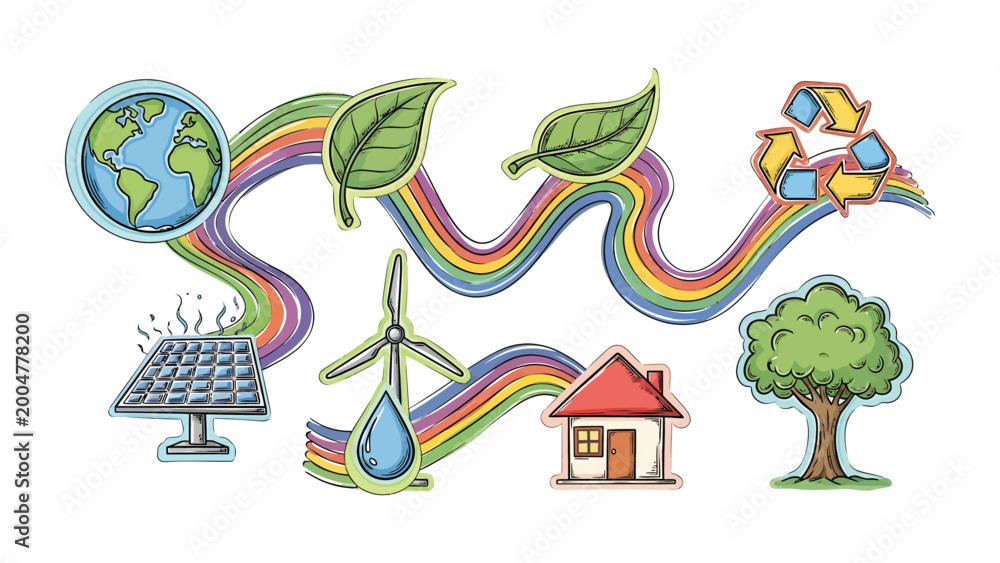 Naklejka premium Eco-Friendly World: Depicting a harmonious vision of sustainable living, this illustration showcases key elements of environmental consciousness – renewable energy, green spaces, and recycling.