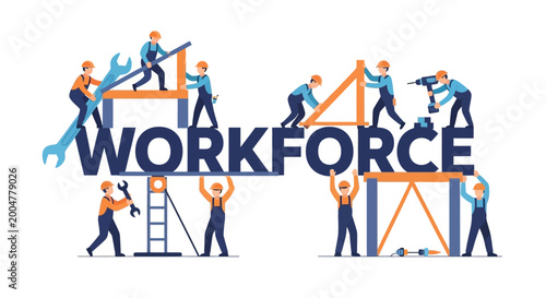 Fotografie Workers construct building framework with teamwork and tools on site