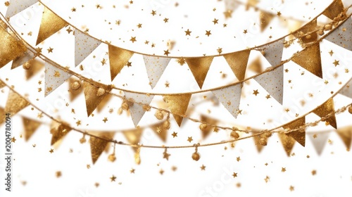 Festive banner with shiny gold bunting, flags, stars, and garlands, isolated and white backgrounded, PNG style, suitable for New Year, birthday, Christmas party decorations, luxury celebrations,