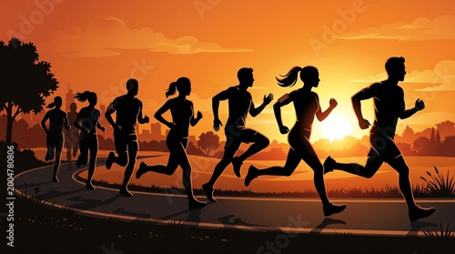 silhouette illustration of a group of people running together in the morning made by AI generative