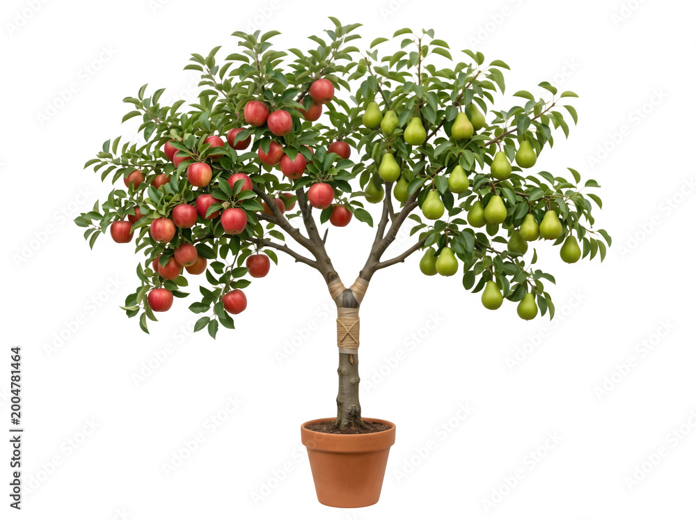 Obraz premium Potted fruit tree, mixed fruits, green and red, terracotta pot, gardening, home decor, fruit tree in pot isolated on White Background