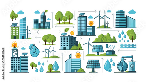 Obraz na płótnie Eco-Friendly City Design: A visual representation of a sustainable city, showcasing integrated elements like solar panels, wind turbines, and green infrastructure for a harmonious future
