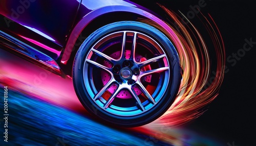 a vibrant image of a sports car tire with powerful disc brakes under neon lighting highlighting the wheel s sleek design and dynamic colors