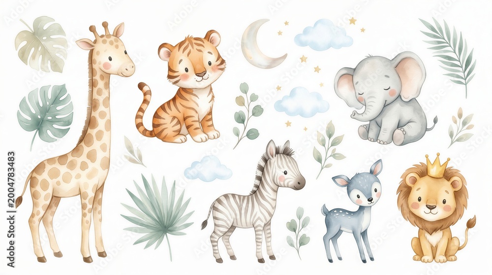 Fototapeta premium Collection of cute watercolor safari animals including a giraffe, tiger, elephant, zebra, and lion for nursery decor or baby shower invitations.