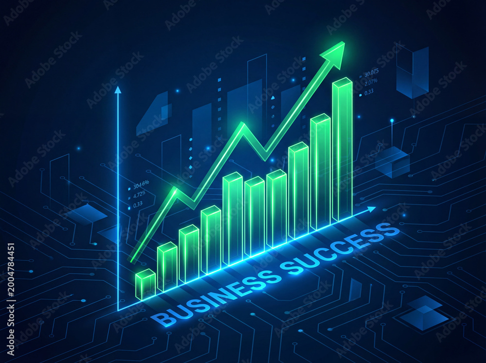 Naklejka premium Abstract Financial Growth Graph With Rising Green Line and Bar Chart Dark Blue Theme Success