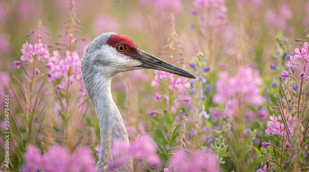 Obraz premium Sandhill crane amid vibrant wildflowers, highlighting wildlife beauty and natural habitat conservation importance.