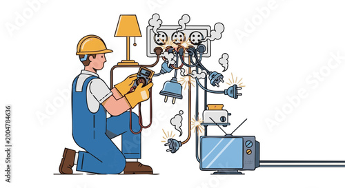 Electrician fixing dangerous overloaded electrical socket with sparks. Vector illustration of home repair safety hazard
