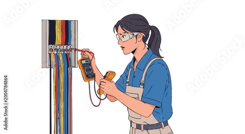 Female electrician using multimeter checks electrical panel wiring. Vector illustration