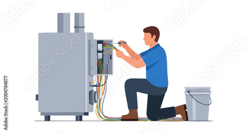 Technician working on electrical wiring of boiler system