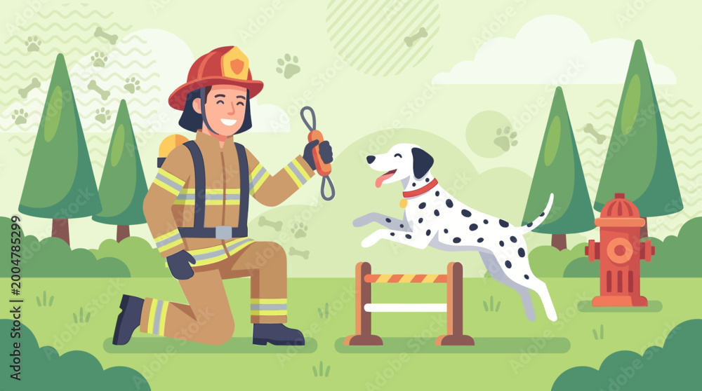 Fototapeta premium Firefighter Training a Dalmatian Dog in the Park. EPS Editable. Vector Illustrations.