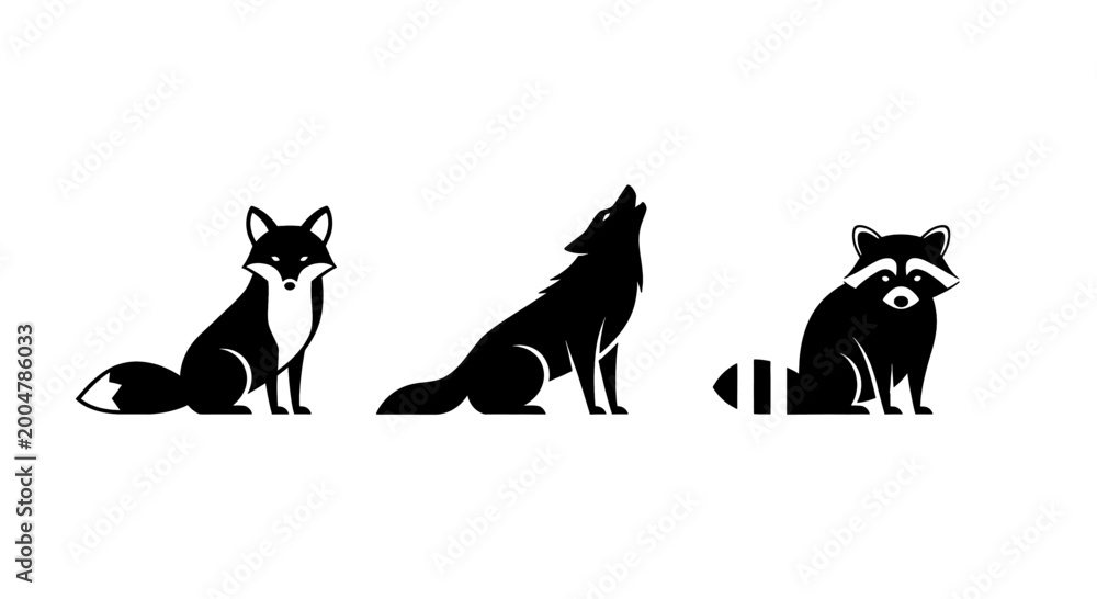 Fototapeta premium Three stylized silhouettes of wild animals including a fox, wolf, and raccoon against a white background.
