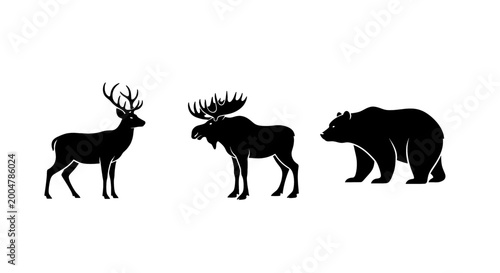 Silhouettes of a deer, moose, and bear standing against a white background