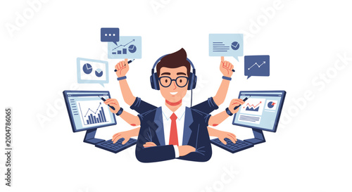 Multitasking businessman working on multiple computers with many arms. EPS Editable. Vector Illustrations.