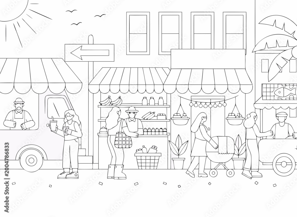 Obraz premium Black and white line drawing bustling outdoor marketplace scene shopping vendors