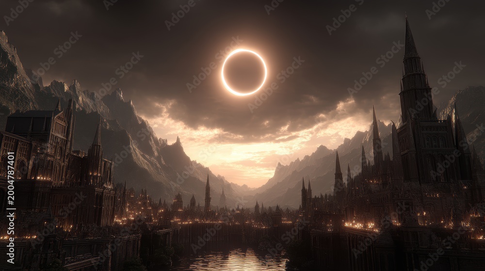 Naklejka premium Eclipse, fantasy, mysterious, supernatural. A detailed digital artwork depicts a grand, gothicstyle cityscape bathed in the warm glow of a setting sun. The city features towering spires.