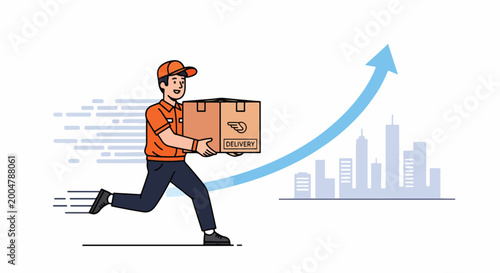 Foto Man in orange shirt running with box.