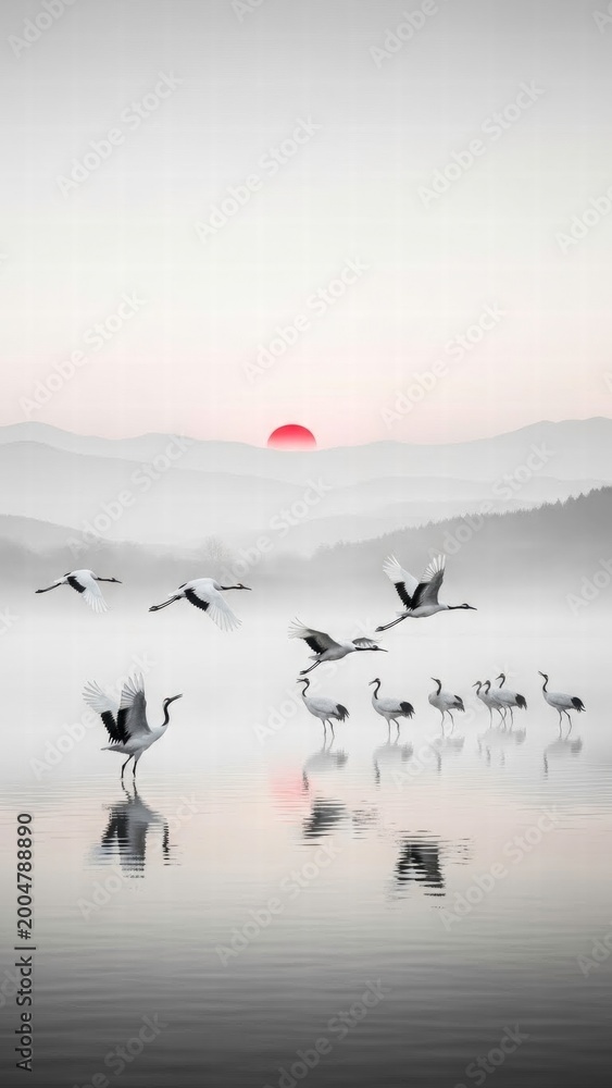 Naklejka premium Serene Crane Ascent: Witness a flock of elegant cranes in flight, gracefully soaring above a tranquil, misty lake at dawn, with the sun rising serenely in the background.