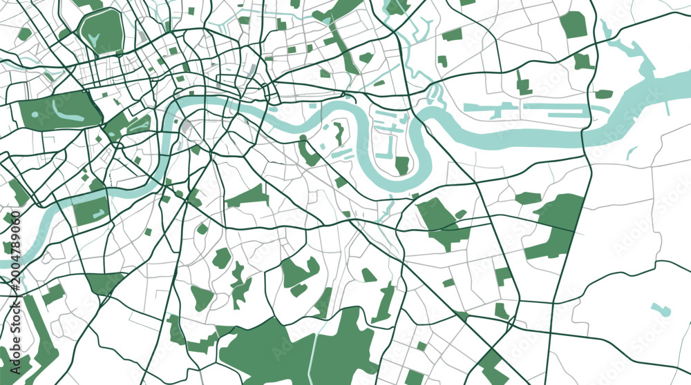 Fototapeta premium Topographical map highlights the green spaces and natural river flow within a dense urban landscape.