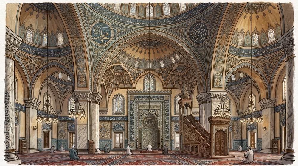 Obraz premium Grand Islamic Mosque Interior with Ornate Dome, Arabic Calligraphy and Prayer Hall Architecture