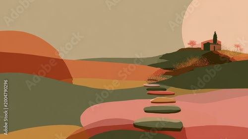 Abstract minimalist landscape, organic flat shapes, a path of stylized terracotta and sage stepping stones receding into the distance, a silhouetted haunted house on a hill. Muted palette of terracott