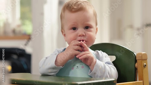 Infant tasting breakfast. Baby explores snack with curious expression. Young child enjoys meal under warm household lighting. Small child investigates food on high chair with gentle curiosity and joy