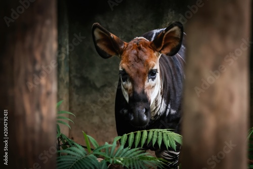Okapi mammal with striped legs stands near green fern. Forest animal large ears, brown face. Rare creature looks at camera in zoo enclosure. Okapi relative of giraffe. Wild artiodactyl herbivore