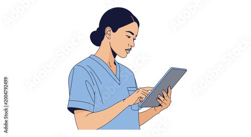 Billede på lærred Nurse Checks Tablet on Nurse Day with Professional Appearance
