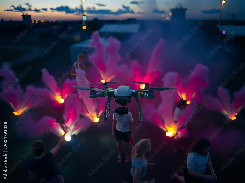 Fototapeta premium aerial drone with pink smoke bombs at dusk.