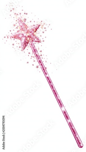 A sparkling pink fairy wand with a star tip, emitting magical glitter against a white background.