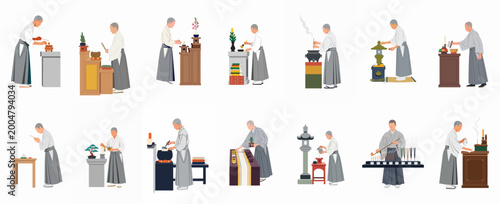 фотографія Illustration collection of Buddhist monks performing traditional religious rituals, lighting incense, praying, and maintaining altars in a minimalist flat design style