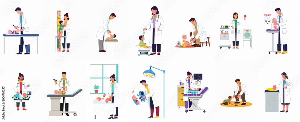 Fototapeta premium Vector illustration set of pediatricians examining and caring for infants and toddlers in various medical settings, highlighting professional child healthcare and wellness services.