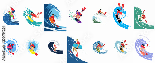 Foto Set of diverse vector illustrations featuring male and female surfers and bodyboarders riding powerful waves in the ocean