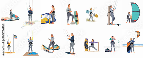 фотографія Set of flat vector illustrations depicting a woman in various stages of kitesurfing preparation, from unpacking gear to standing on the board